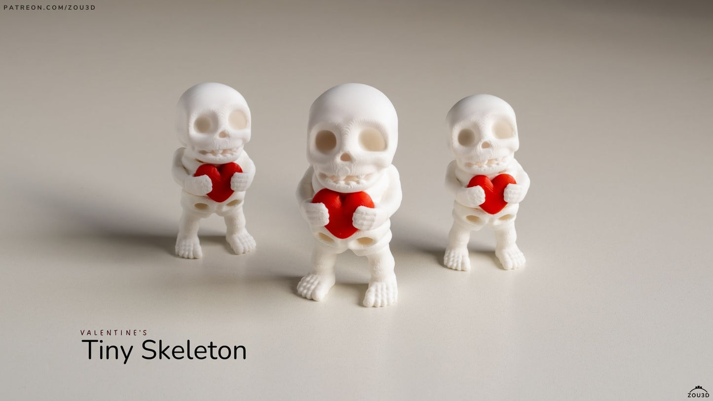 Three small skeleton figures holding red hearts on a neutral background