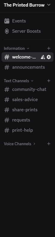Discord server channel list with text and voice channels on a dark background