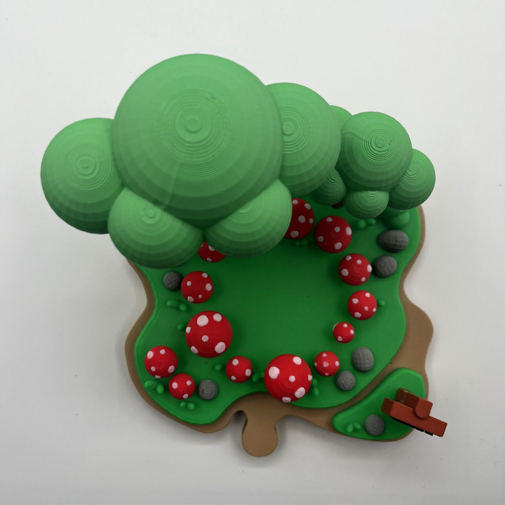 Green forest-themed cookie with red and white mushrooms on a white background