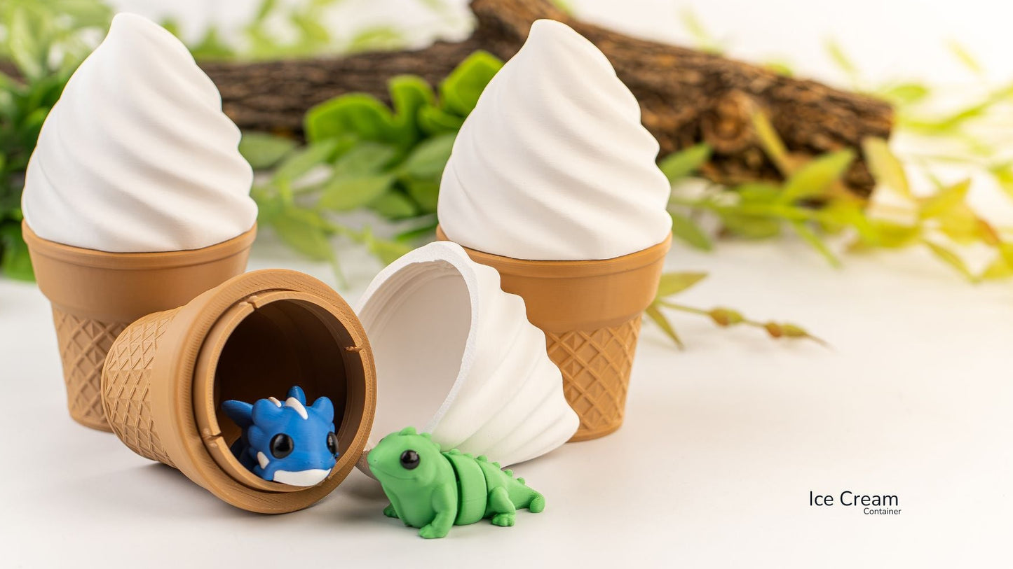 Ice cream cone-shaped toy with a small blue creature inside, set against a natural background.