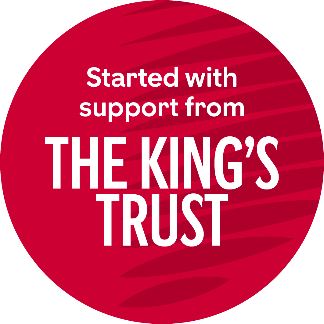 Red circle with 'Started with support from The King's Trust' text on a white background