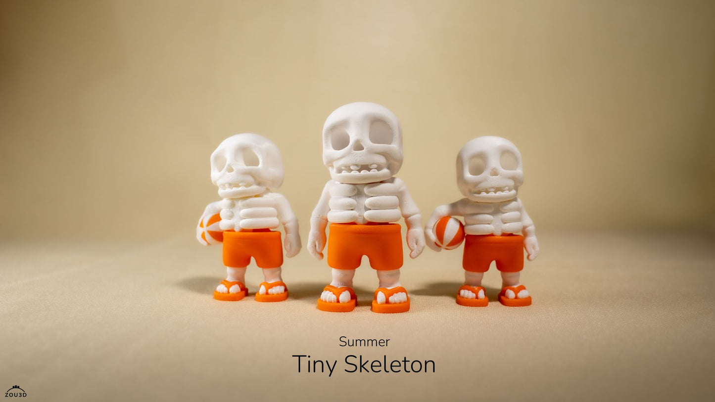 Three small skeleton figures in orange shorts on a beige background with 'Summer Tiny Skeleton' text.