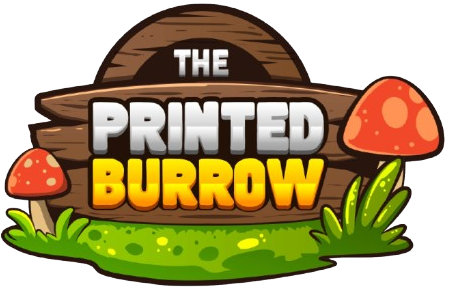Logo of 'The Printed Burrow' with a wooden sign, grass, and mushrooms on a white background.