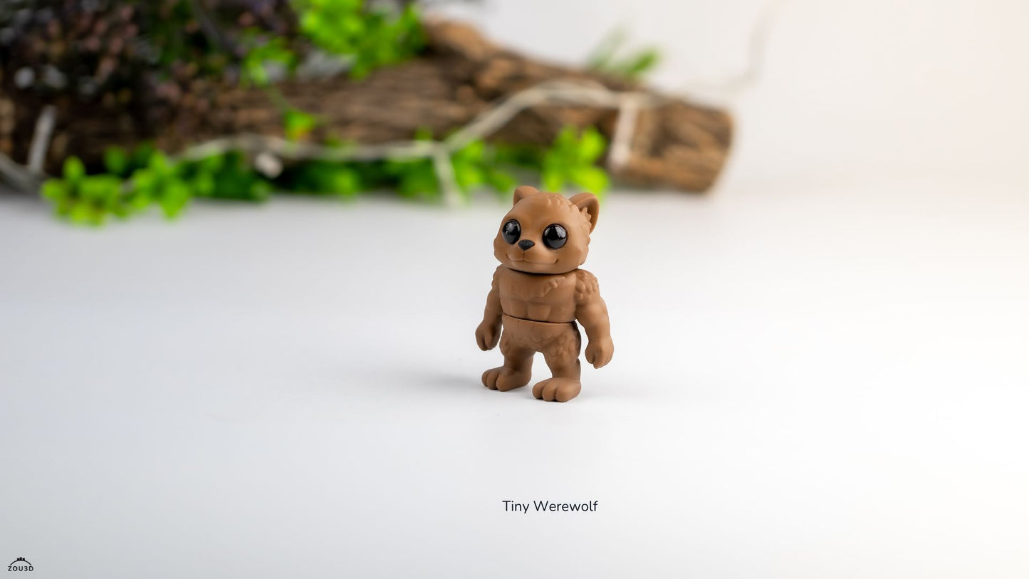 Small brown werewolf figurine on a white surface with greenery in the background