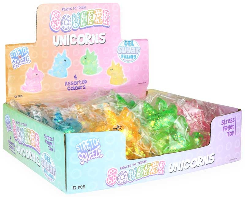 Box of Squeeze Unicorns stress toy with colorful packaging