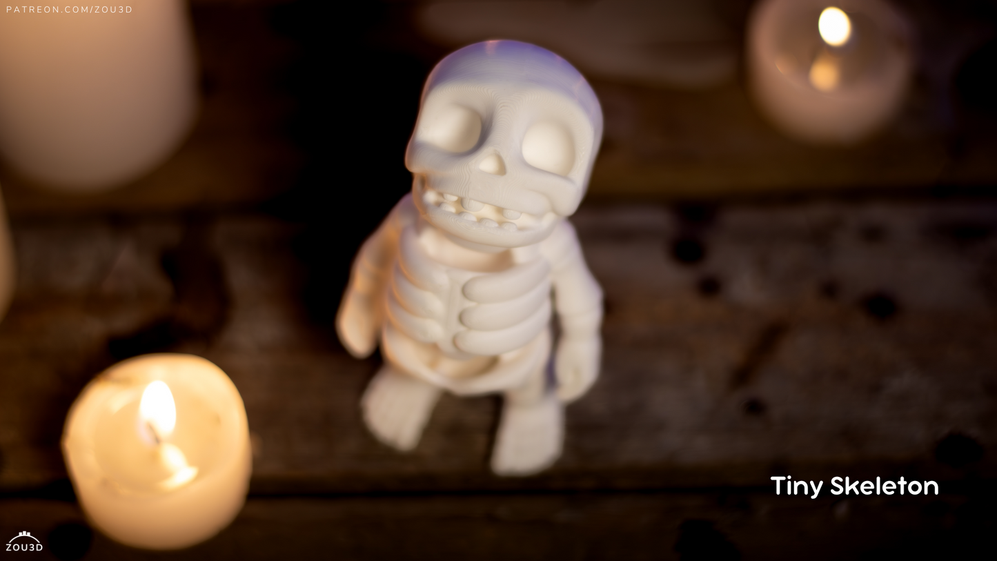 Small skeleton figurine on a wooden surface with a candle and blurred lights in the background.