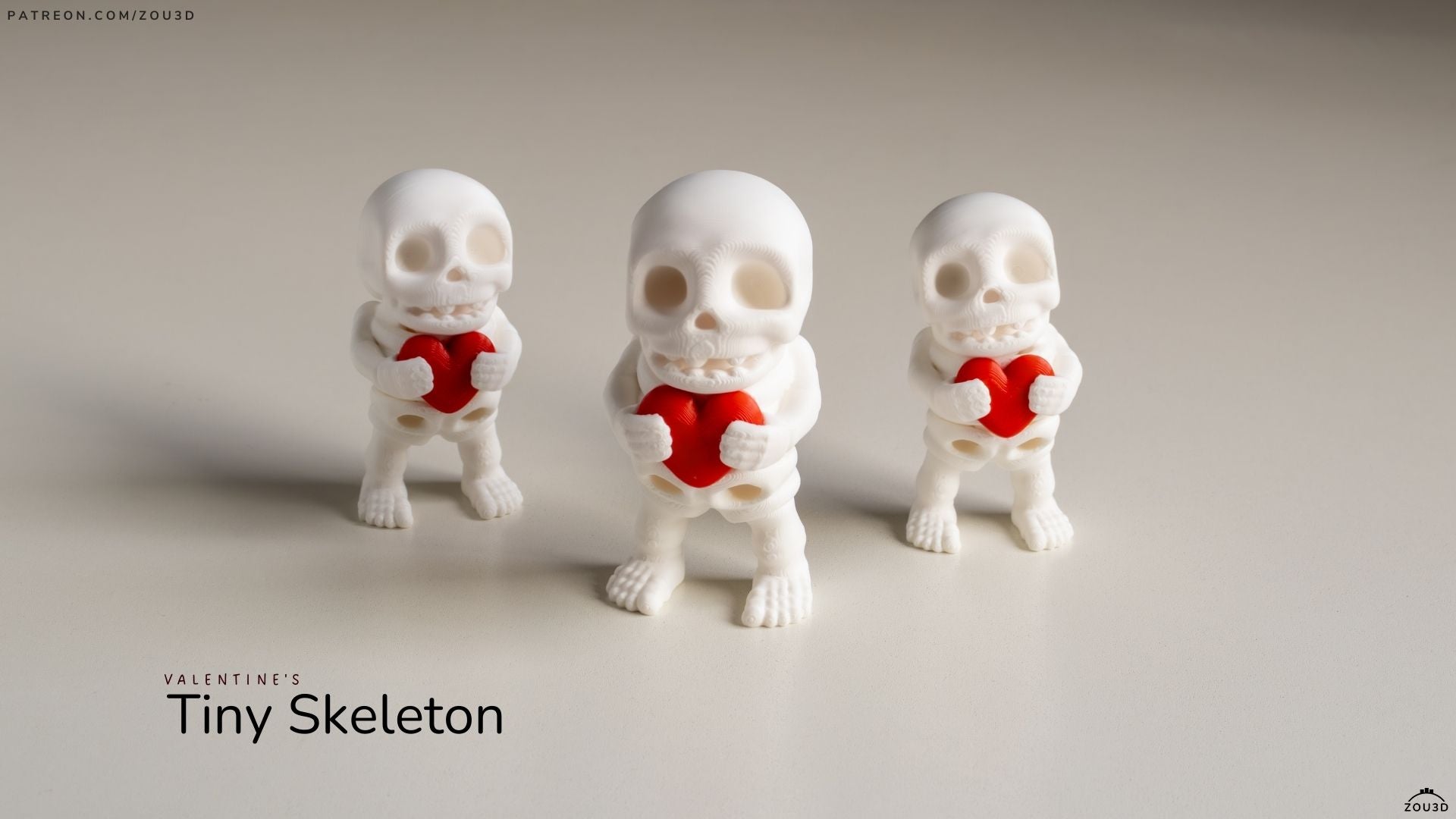 Three small skeleton figures holding red hearts on a neutral background