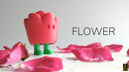 Red flower-shaped figure with green legs on pink petals against a gray background