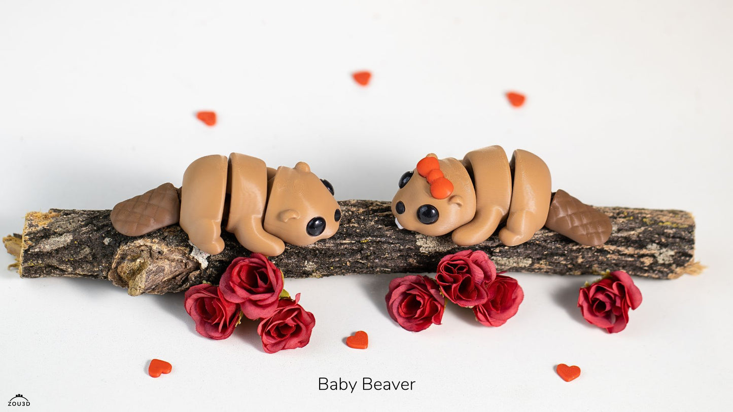 Two baby beavers on a branch with red flowers and heart-shaped petals on a white background