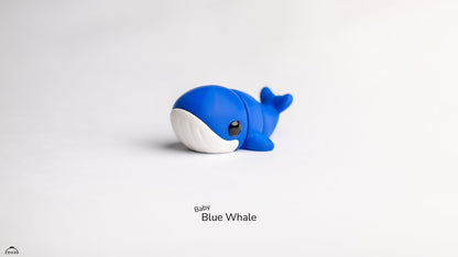 Blue whale toy on a white background with 'Baby Blue Whale' text.