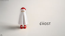 Ghost-like figure with a white robe, red shoes, and hat on a light gray background.