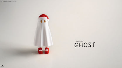 Ghost-like figure with a white robe, red shoes, and hat on a light gray background.