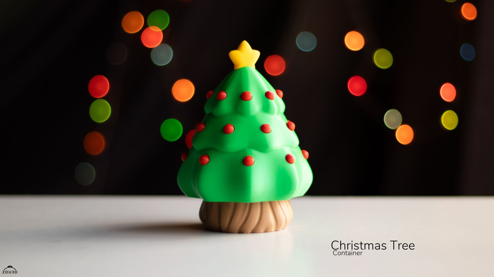 Christmas tree-shaped container with a star on top, set against a dark background with colorful lights.