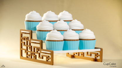 Cupcakes with white frosting and blue wrappers on a decorative wooden stand against a beige background.