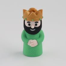 Green figure with a gold crown on a white background