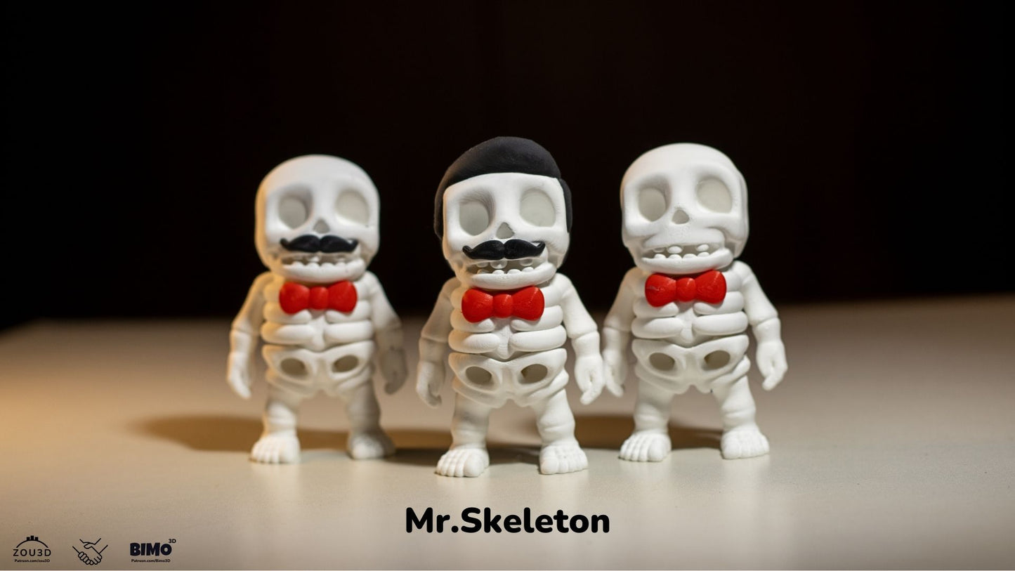 Three skeleton figures with red bow ties labeled 'Mr. Skeleton' on a dark background.