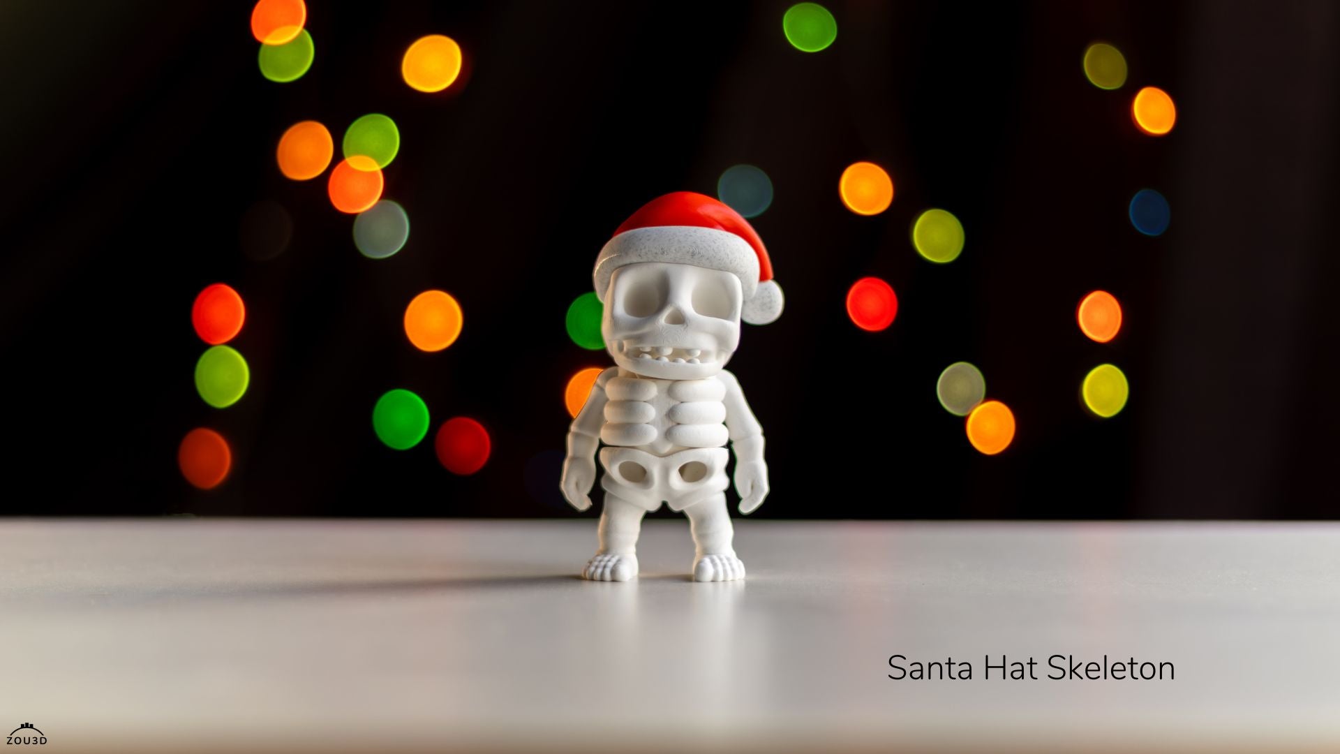 White skeleton figurine wearing a Santa hat with colorful lights in the background