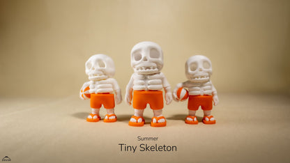Three small skeleton figures in orange shorts on a beige background with 'Summer Tiny Skeleton' text.