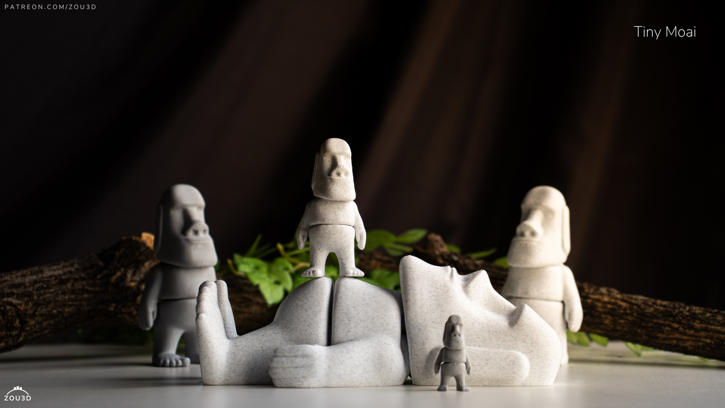 Stone sculptures resembling Moai on a dark background