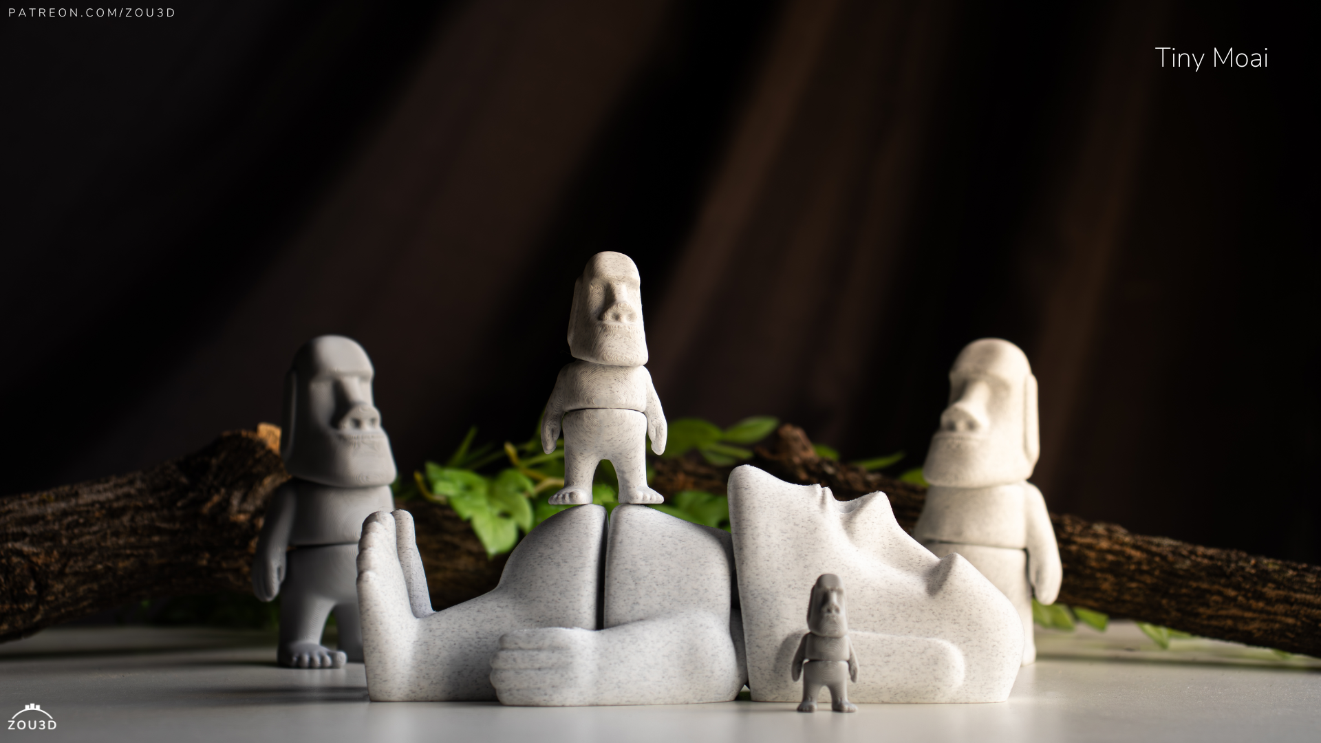 Stone sculptures resembling Moai on a dark background
