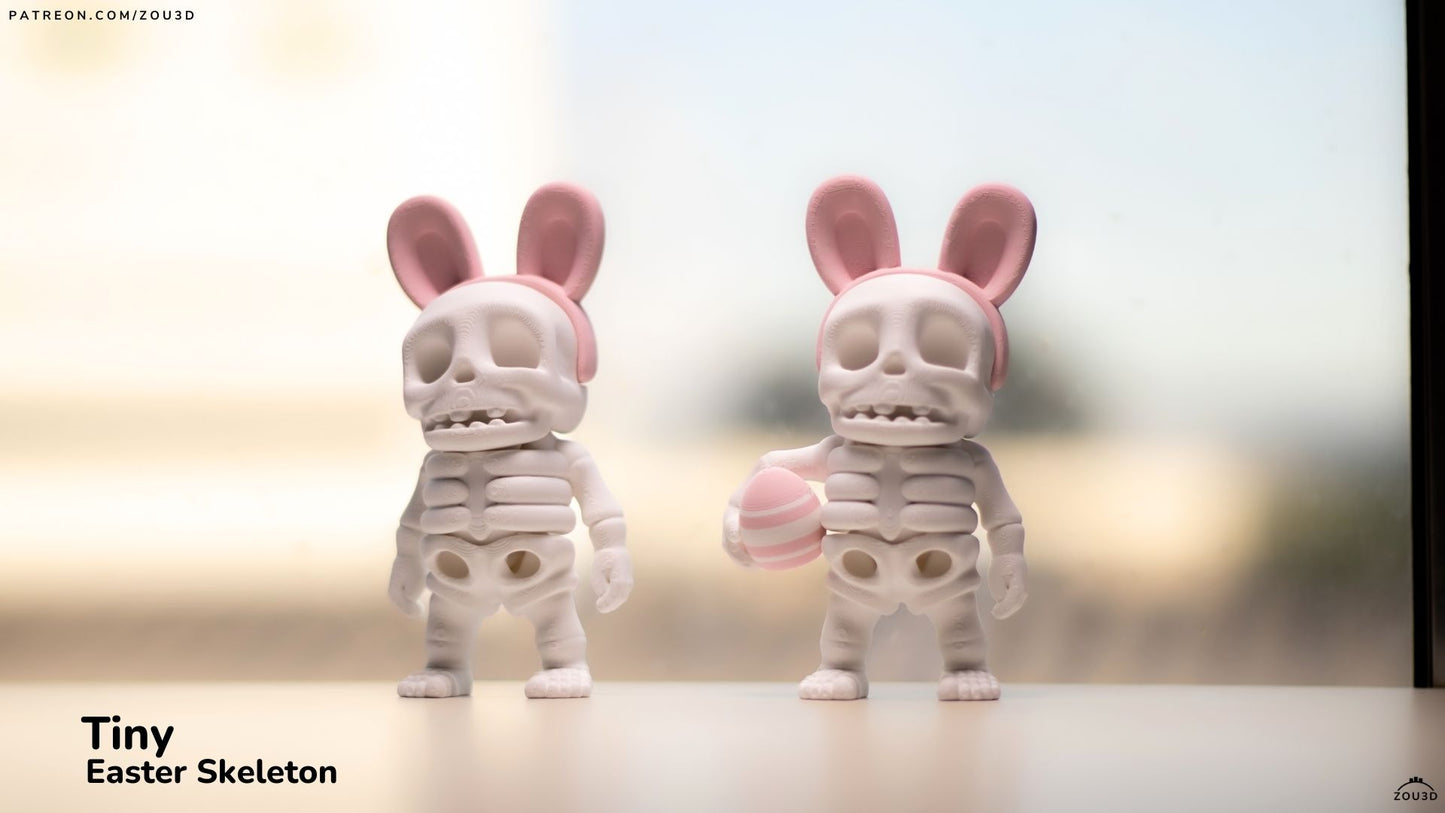 Two skeleton figures with bunny ears on a blurred background