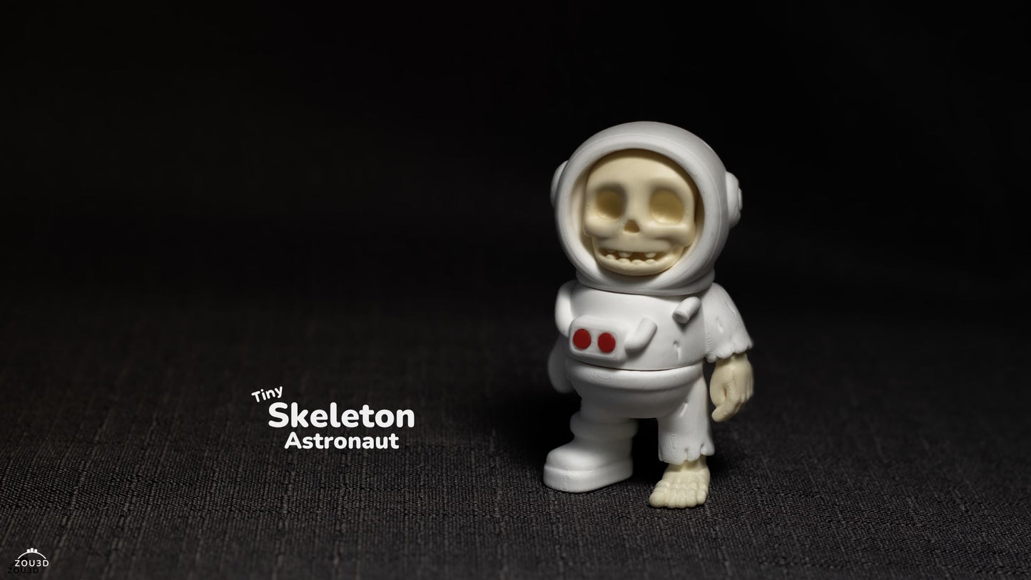 Tiny skeleton astronaut figurine on a dark background