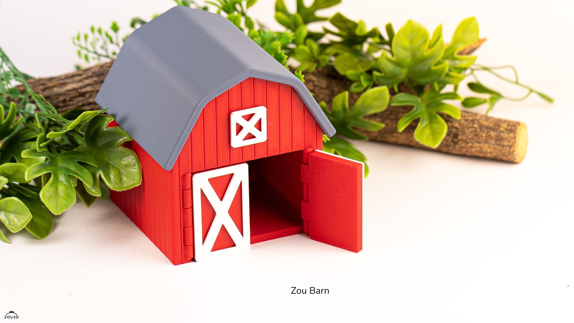Red toy barn with open door on a white background